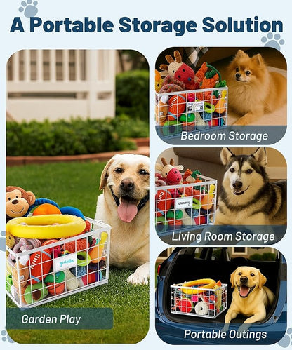 Dog Toy Basket, Dog Toy Storage Bin for Pet, Medium Toy Box for Dogs, Metal Storage Box with Handles, Toy Organizer Holder Boxes for Living Room (White)