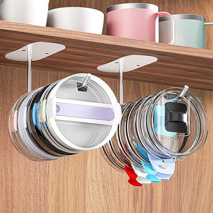 2 Pack Tumbler Lid Organizer,Space Saving Cup Lid Organizer for Yeti Tumbler/Stanley Tumbler/Simple Modern Tumbler Lids,Self-Adhesive Lid Hook for Kitchen Organizers and Storage(Black/Silver)