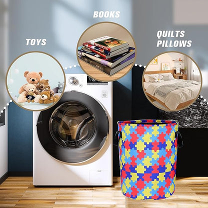Autism Awareness Laundry Basket Colorful Puzzle Foldable Oxford Cloth Funny Tote Bag Laundry Hamper Clothes Storage Bucket Organizer For Bathroom/Laundry Storage/Bedroom 17.7x13.7 Inch