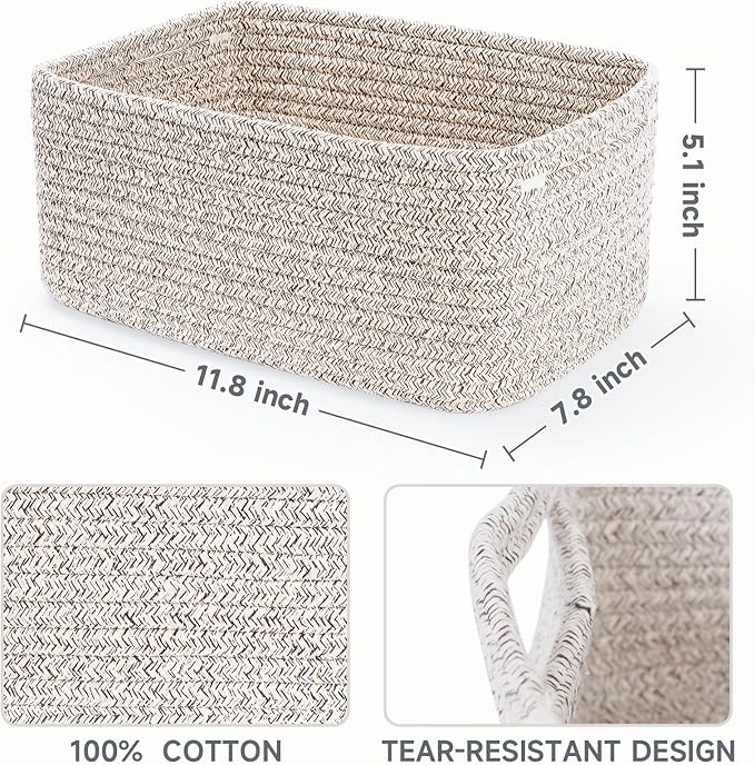3-Pack Small Storage Baskets for Organizing | Woven Shelf Toy Basket | Rope Baskets for Gifts Empty | Closet Organizer Bins with Handles | Cube Decorative Box | 11.8×7.8×5.1” | Mixed brown