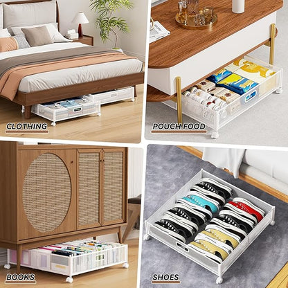 PHINOX Under Bed Storage Containers with Wheels - Shoe Storage Organizer Drawer, Tool-free Assembly Metal Underbed Storage Containers for Bedroom Clothes, Shoes, Blankets - 2Pack
