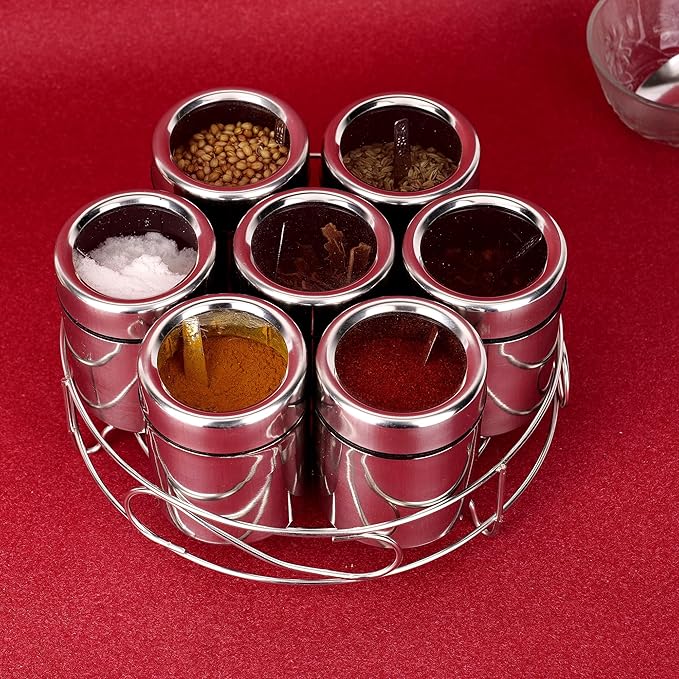 VISAXMI® Masala Box for Kitchen | Spice Box Stainless Steel | Masala Dabba Steel | Spice Container | Spice Organizer With See through lid | Masala Dani for Kitchen 175ml Each - (Silver)