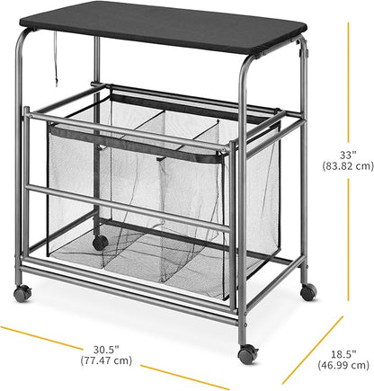 Whitmor Triple Laundry Sorter with Ironing & Folding Table - Rolling Laundry Sorter with Ironing Table - Gunmetal