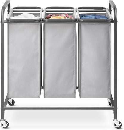 Whitmor Triple Laundry Sorter - 3 Removable Bags with Easy-Grip Handles - Rolling Laundry Sorter - Grey