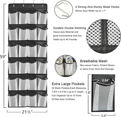 Over the Door Hanging Shoe Organizer with 24 Large Mesh Pockets - Shoes Holder/Black