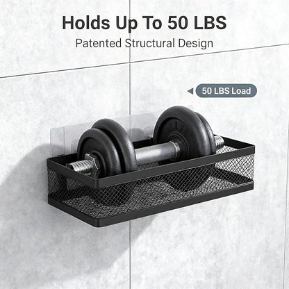 PUSDON Mesh Shower Caddy Wall Mount, Heavy Duty Adhesive Bathroom Shelf Organizer, Rustproof Floating Spice Rack for Kitchen Pantry, Holds 50 LBS, Multi-Purpose Storage Black-2 Packs (Netting)