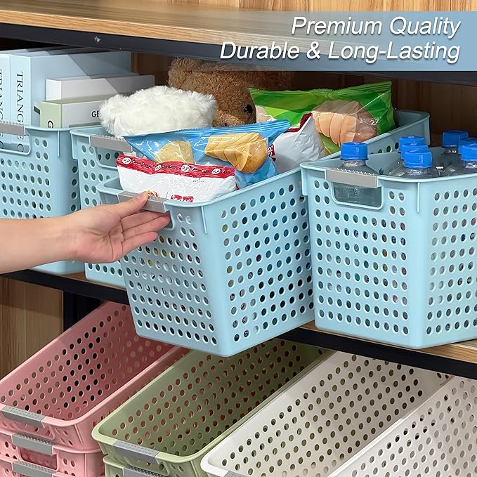 Soddeph Slim Plastic Storage Basket with Handles, Narrow Organizer box for Shelves, Organizer box for Organizing, Kitchen,Home,Office (Blue, Large)