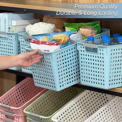 Soddeph Slim Plastic Storage Basket with Handles, Narrow Organizer box for Shelves, Organizer box for Organizing, Kitchen,Home,Office (Blue, Large)
