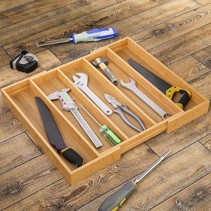 Fibogollo Expandable Kitchen Drawer Organizer,Bamboo Silverware Organizer,Adjustable Flatware Tray for Utensils(16.92 * 13.30~22.83 * 1.96)