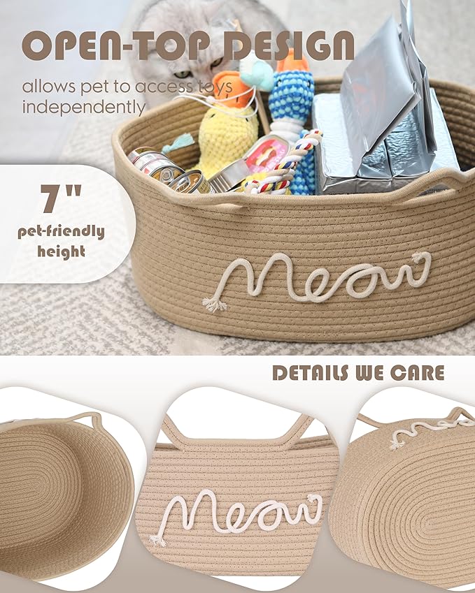 Sea Team Cat Toy Basket with Handles, 16.5 x 11 x 7 Inches, 4.4 Gallons Large Cotton Rope Storage Bin, Box, Shelf Organizer for Pet Chew Toys, Foods, Beige Meow