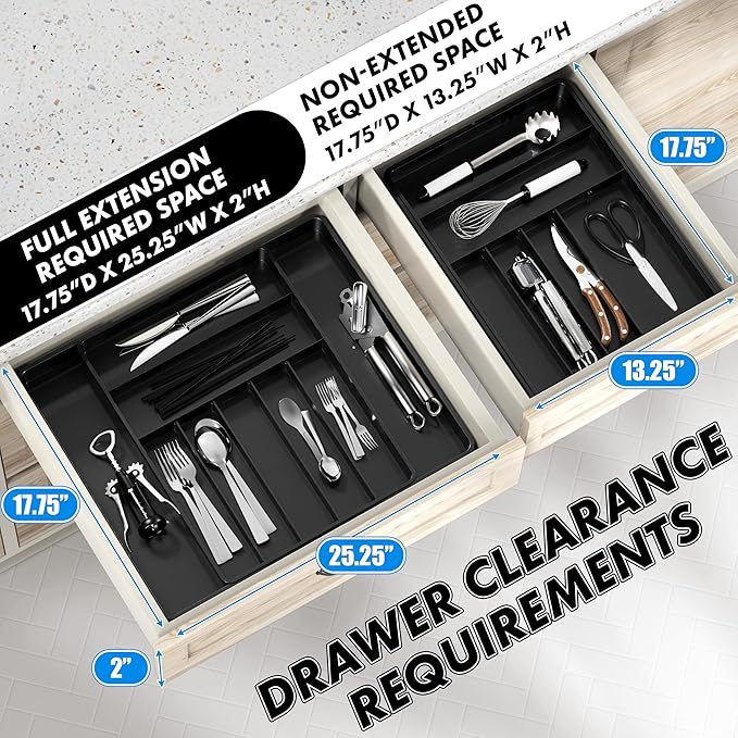 Simple Houseware Expandable Kitchen Drawer Flatware Organizer, Black – Adjustable Cutlery Tray with 9 Compartments for Utensils and Silverware