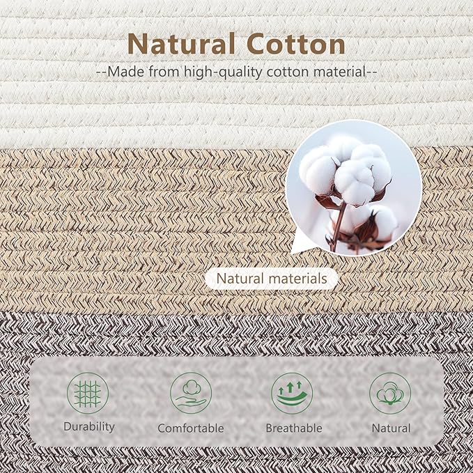ECDYQXVU Cotton Rope Storage Basket, 15x10x9 Inches, Woven Basket for Shelves, Clothes, Towels, Books, and Laundry, White Brown (1 Pack)