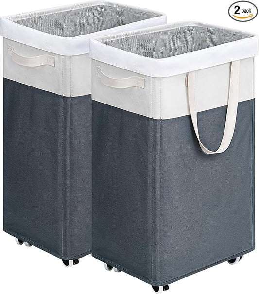 Goodpick Laundry Baskets 2-Pack, 75L Hamper with Wheels, Foldable Laundry Baskets with Removable Wash Bags, Rolling Laundry Hamper for Corner Dorm, Slim Laundry Basket, Grey&White