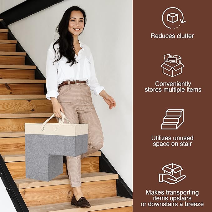 SAM AND MABEL Stairway Storage Basket, Premium Linen Material, Lightweight and Sturdy, Foldable, 16"L x 10"W x 16"H, Lite Cream and Gray