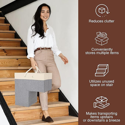 SAM AND MABEL Stairway Storage Basket, Premium Linen Material, Lightweight and Sturdy, Foldable, 16"L x 10"W x 16"H, Lite Cream and Gray