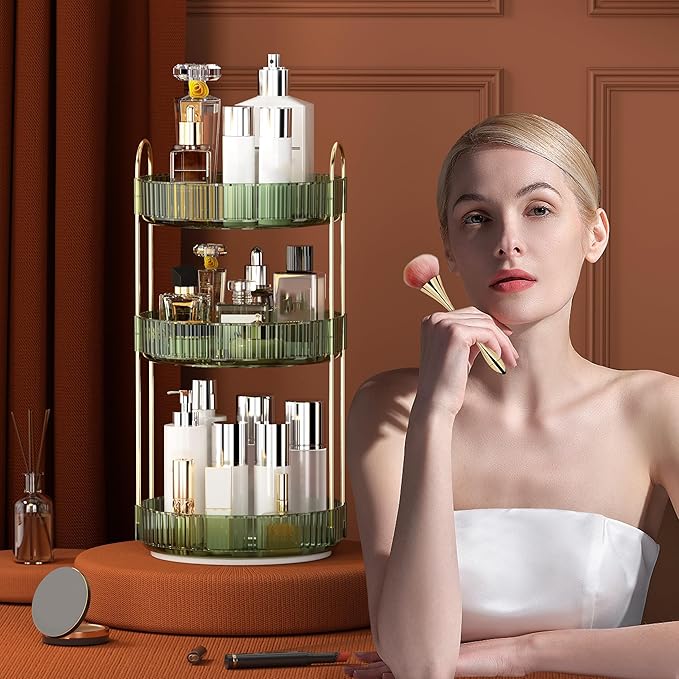 YCIA&DONE 360 Rotating Makeup Organizer and Storage for Vanity Countertop 3 Tiers, High Capacity Cosmetic Skincare Perfume Organizers for Dresser Bathroom Lazy Susan (Vintage Green)