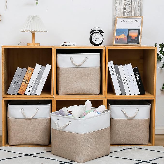 MidmmVick 13 x 13 Inch Cube Storage Bins, 4 Pack Large Collapsible Fabric Storage Bin with Ropes, Foldable Storage Cubes for Home, Office,Closet, Clothes, Toys Organizer (White & Beige)
