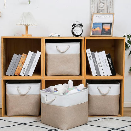 MidmmVick 13 x 13 Inch Cube Storage Bins, 4 Pack Large Collapsible Fabric Storage Bin with Ropes, Foldable Storage Cubes for Home, Office,Closet, Clothes, Toys Organizer (White & Beige)