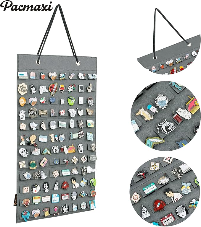 PACMAXI Hanging Brooch Pin Organizer, Display Pins Storage Case, Brooch Collection Storage Holder, Holds Up to 96 Pins.(Not Include Any Accessories) (S-96 Slots, Grey, Small)