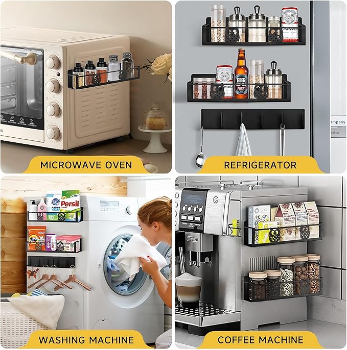 Magnetic Spice Rack for Refrigerator,Spice Organizer for Kitchen,Seasoning Organizer Rack,Magnetic Shelf with Hooks,Strong Magnet,Moveable,No Drilling(3 Pack,Black,Owl)