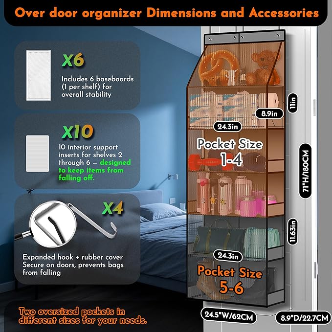 PAULONE 6-Tier Over Door Organizer 71" Tall – Hanging Storage with 2 Sizes of Large Deep Pockets (24.3" W x 8.9" D), 98 lbs Capacity, for Bedroom Closet, Bathroom, Nursery & Kitchen