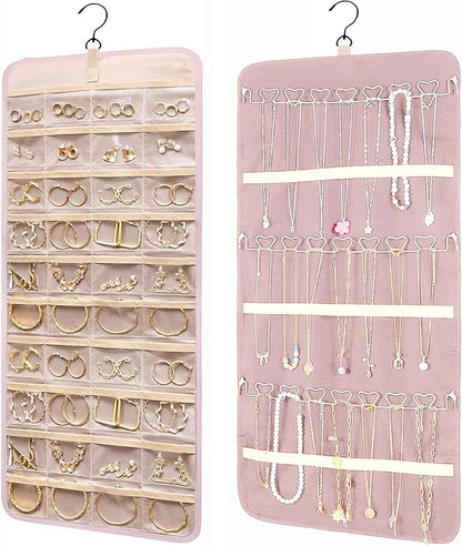Hanging Jewelry Organizer Storage Roll with Hanger Metal Hooks Double-Sided Jewelry Holder for Earrings, Necklaces, Rings on Closet, Wall, Door,Large 14.17' x 33.07'',pink