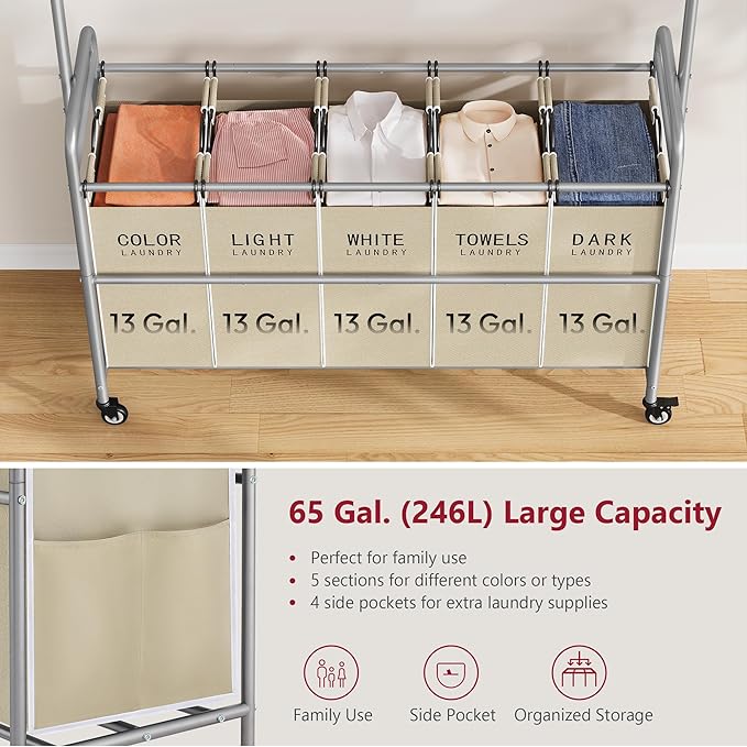 Tajsoon Laundry Sorter with Hanging Bar, 5 Bag Laundry Sorter with Wheels, 246L (65 Gal.) Laundry Hamper with Adjustable Hanging Rack, Laundry Room Organization and Storage, Beige