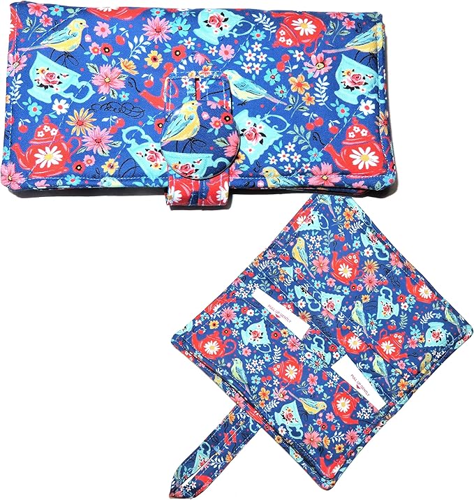 Tea Bag Wallet with Twelve Pockets XL Holder in Your Fabric Choice: Vintage Blue Tea Cups & Roses, Blue Birds & Teapots, Includes 4 Tea Bags, Tea Lover Gift, Quilted Handmade