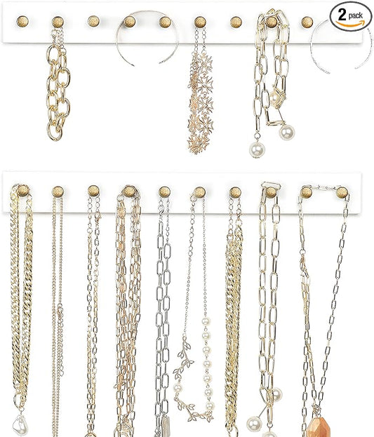 Mkono Necklace Holder Wall Mounted Set of 2 Wood Necklaces Hanger, Jewelry Organizer Hanging with 20 Metal Round Hooks, Jewelry Hooks for Necklaces, Bracelets, Chains, Keys,White