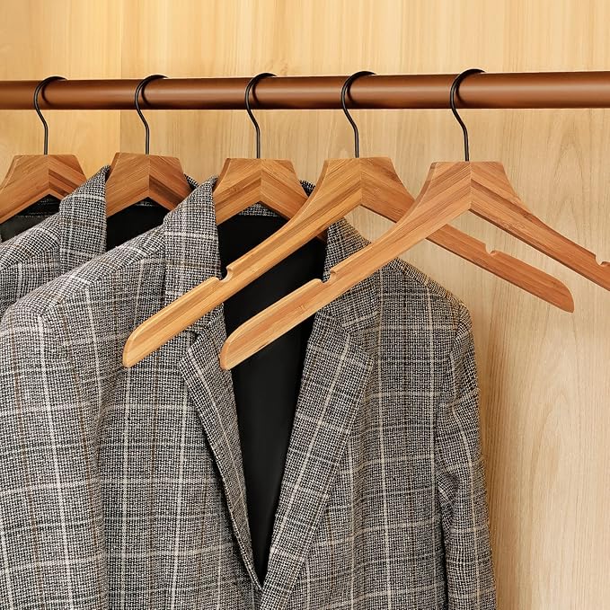 TOPIA HANGER Bamboo Wooden Hangers, Clothes Hangers with Rotatable Black Hook and Smooth Cut Nothces, Set of 12 Durable and Slim Wood Hangers for Coats, Suits, Jackets, Sweaters, Dresses - CTS03