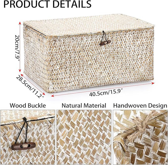 Hipiwe Wicker Woven Baskets Bin with Lid Natural Seagrass Basket Storage Bin Rectangular Household Basket for Shelf Wardrobe Home Decor, Whitewash, X-Large