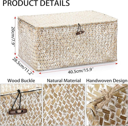 Hipiwe Wicker Woven Baskets Bin with Lid Natural Seagrass Basket Storage Bin Rectangular Household Basket for Shelf Wardrobe Home Decor, Whitewash, X-Large