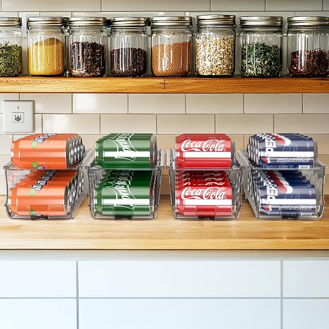 Simple Houseware 4-Pack Auto-Rolling Beverage Can Organizer for Fridge, Clear Front-Loading Soda Dispenser with Smooth Glide Design, Space-Saving Refrigerator Storage Bins