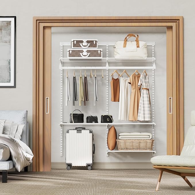 Closet System Wall Mounted 2-4 Ft, Heavy Duty Adjustable Wire Shelving with Hanging Rod, Custom Organizer Kit for Bedroom Laundry Mudroom, White