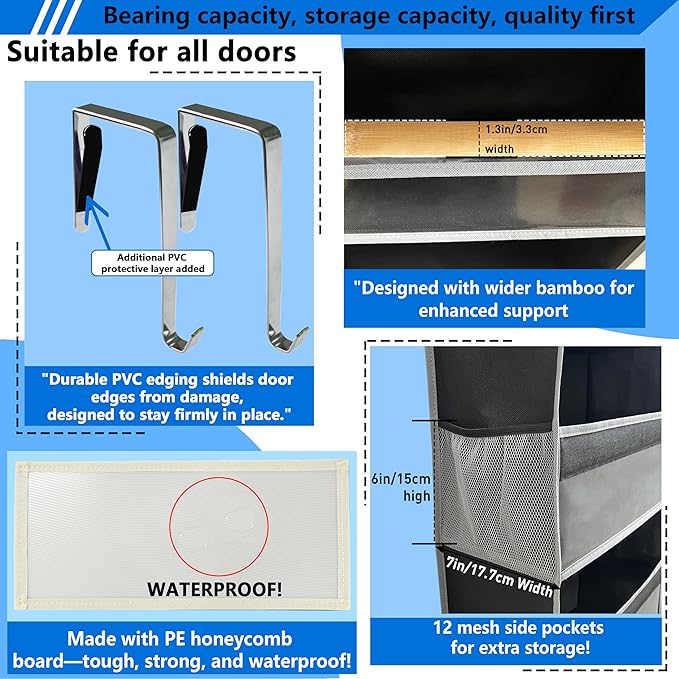 over the door organizer, Solid Bamboo Board (Not Plastic!) 6-Tier Heavy Duty 75LB, 12 Side Pockets, 3 Reinforced Hooks & Anti-Slip Pads, Waterproof & Washable, No Sagging, No Door Damage,Matte Black