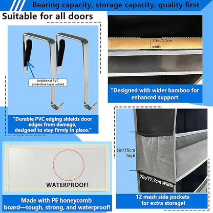 over the door organizer, Solid Bamboo Board (Not Plastic!) 6-Tier Heavy Duty 75LB, 12 Side Pockets, 3 Reinforced Hooks & Anti-Slip Pads, Waterproof & Washable, No Sagging, No Door Damage,Matte Black