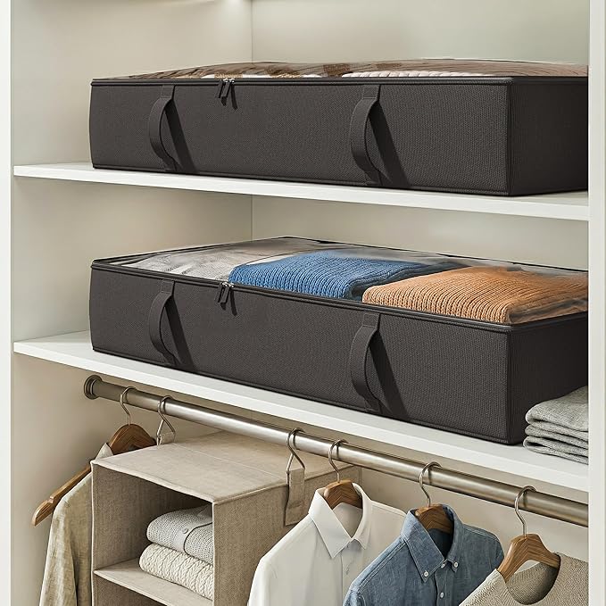 Vailando Under Bed Storage Containers, 6 Inches Tall 60L Underbed Storage Bins with Sturdy Handles and Sidewalls, Closet Organizer for Clothes, Blankets, Seasonal Items, Black, 2-Pack