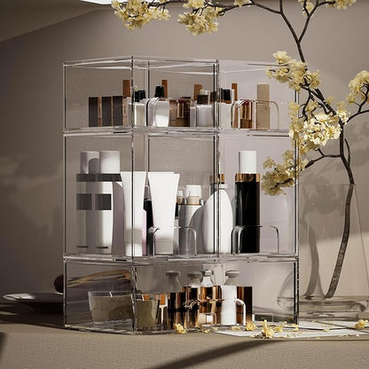 5 Pack Stackable Storage Drawers, Clear Plastic Organizer Bins with Pull-out Handle for Makeup, Ideal for Vanity, Bathroom, Undersink, Cabinet, Pantry Organization