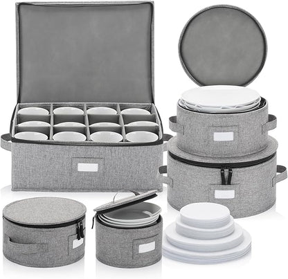 China Storage Set for Plates, Cups and Mugs - 5 pc set - Hard Shell and Stackable, Fully Padded Interior, 48 Plate Dividers Included