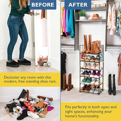Sundaze Shoe Rack - 6 Tier Tall Shoe Rack for Closet, Sturdy Stackable Shoe Organizer for Closet, Bedroom, Entryway, Garage, Non Woven Fabric Shelf, Black, Holds 12-18 Pairs