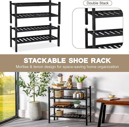VICTORY RELAX 2-Tier Acacia Wood Shoe Rack - Stackable Entryway Organizer for Closet, Entryway, Easy Assembly, Indoor/Outdoor Storage Stand (Black)
