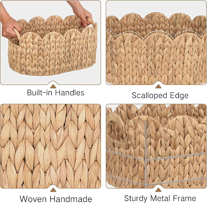 iEGrow Scalloped Wicker Basket, Set of 2 Hand-Woven Natural Rattan Baskets with Built-in Handles, Water Hyacinth Storage Oval Cute Baby Baskets for Nursery, Organizing, Decor and Shelves