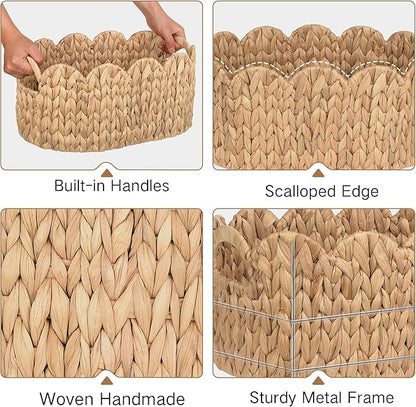 iEGrow Scalloped Wicker Basket, Set of 2 Hand-Woven Natural Rattan Baskets with Built-in Handles, Water Hyacinth Storage Oval Cute Baby Baskets for Nursery, Organizing, Decor and Shelves