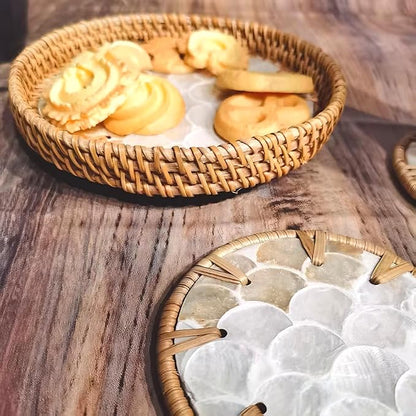 6" Mini Lazy Susan Turntable with 2 Rattan Coasters – Mother of Pearl Rotating Tray for Coffee Bar, Vanity, or Tabletop – Small Boho Decor for Condiments, Perfume & Jewelry Display