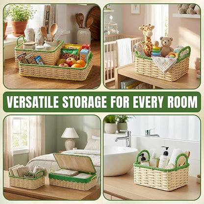 Scalloped Hyacinth Wicker Basket for Toy Storage | 3 Pack Woven Storage Baskets | Decorative Storage Baskets for Shelves | Rattan Baskets for Bedroom By NovaHeavensNest (Beige & Green Liner)