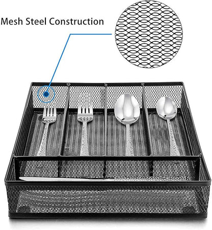 LIANYU Silverware Utensil Drawer Organizer, 5 Compartments Steel Mesh Cutlery Flatware Tray with Foam Feet, 9 1/4" W x 12 1/2" L x 2" H, Black
