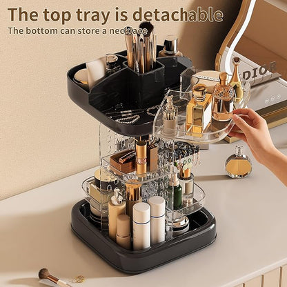 360 Rotating Make up Organizer for Vanity & Countertop, Clear Adjustable Height Tiered Cosmetic and Skincare Storage, Spinning Perfume and Makeup Holder, Jewelry Accessories Desktop Organizer, Black