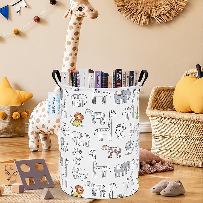 Laundry Basket Canvas Fabric Collapsible Organizer Basket for Storage Bin Toy Bins Gift Baskets Bedroom Clothes Children Nursery Hamper (Animals)