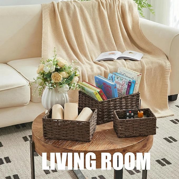 Small Wicker Basket for Organizing, Woven Storage Basket Set of 3 - Handwoven Natural Paper Rope Baskets to Declutter Any Room, Perfect for Organizing and Home Decor (Coffee)