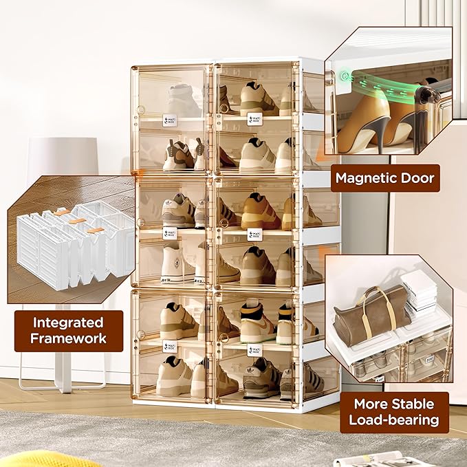 ANTBOX Foldable Shoe Rack,Shoe Organizers for Closet Plastic Shoe Storage Box for Entryway,Living Room,Large Sturdy Stackable Sneaker Cabinet Bins with Magnetic Clear Door 10 Tiers 20 Pairs
